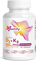 Vitamin D3 (5000 IU) + K2 (100 mcg as MK-7) with Calcium – High Absorption Supplement for Bone Heart &amp Immune Health – 60 Veggie Capsules