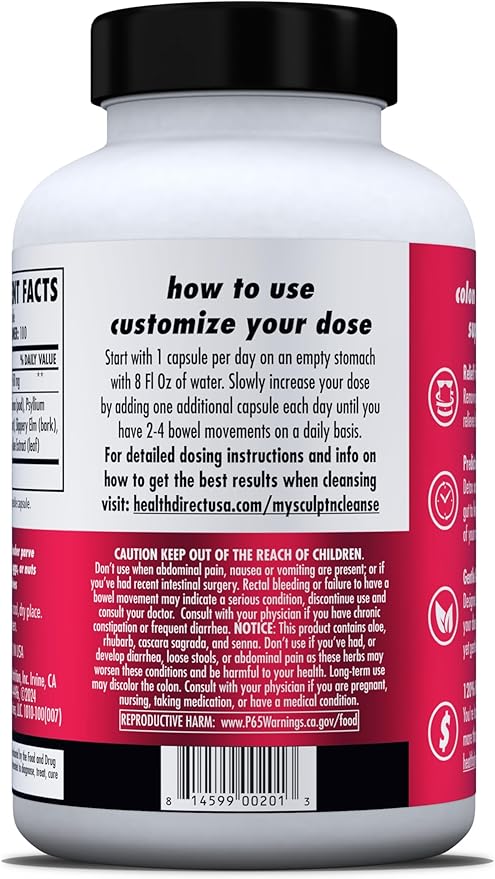 HEALTH DIRECT Sculpt n' Cleanse - Herbal Colon Cleanse for Digestive Health &amp Regularity - Natural Detox &amp Gut Flush Supplement - 100 Veggie Capsules