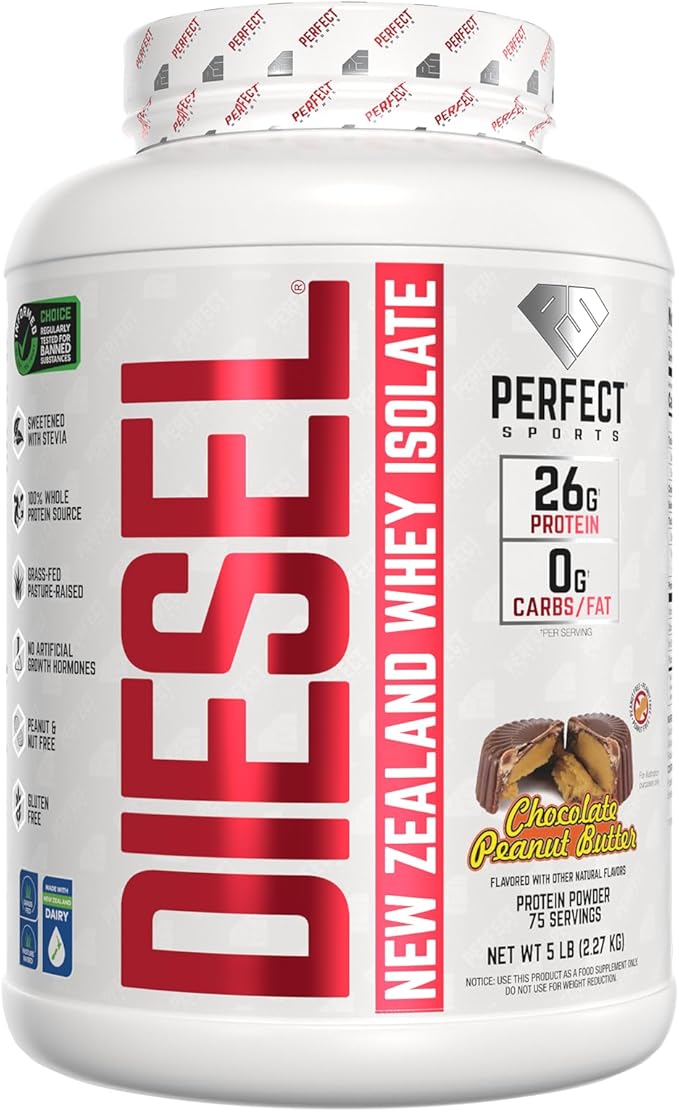 PERFECT SPORTS Diesel 100% New Zealand Whey Protein Isolate | Stevia Sweetened No Artificial Ingredients Keto | 0g Carb 0g Fat 26g Protein | 5 Pounds (Chocolate Peanut Butter)