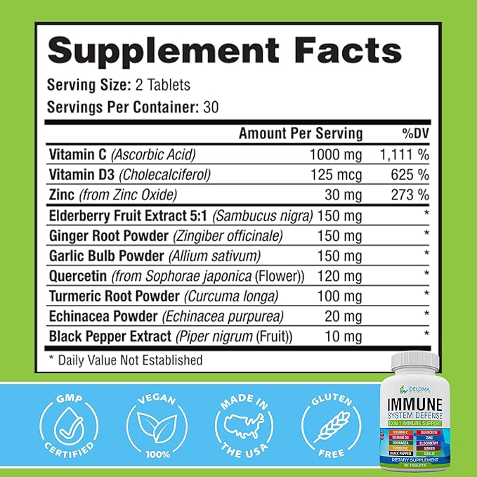 10 in 1 Immune System Support Supplement - Vitamin C (1000 mg) Quercetin Vitamin D3 (5000iu) Zinc (40 mg) Elderberry Echinacea Turmeric Ginger Garlic Black Pepper