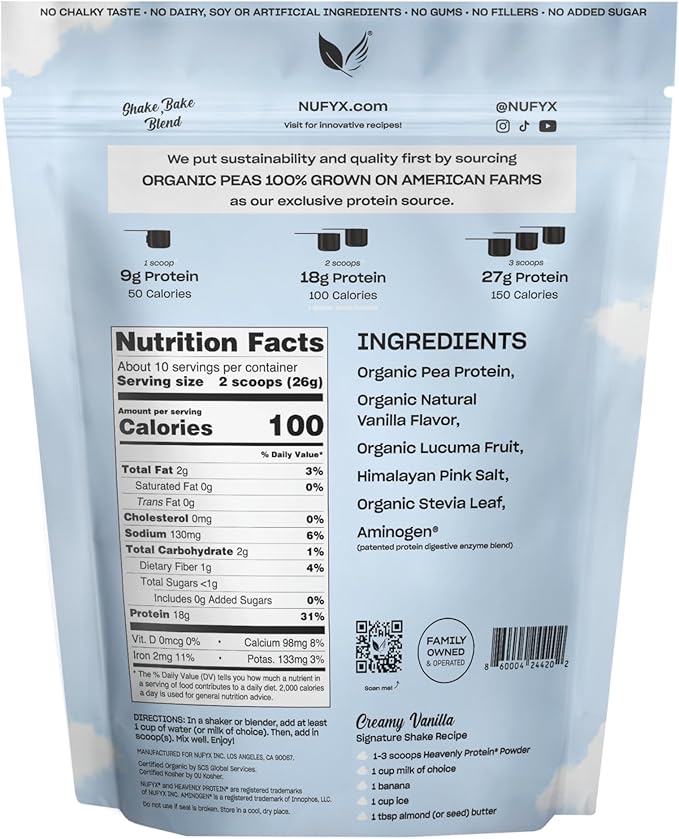 NUFYX® • Heavenly Protein® Powder • World’s Finest 100% Organic American Grown Peas • Vegan • Gluten Free • Low Carb (Creamy Vanilla 20 Scoops)