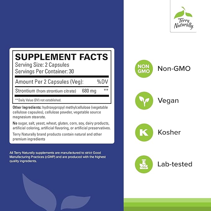 Terry Naturally Strontium - Bone Health &amp Strength Support Supplement - Supplement with Vegan Capsules - with Strontium Citrate for Superior Absorption - 60 Capsules (Pack of 2)
