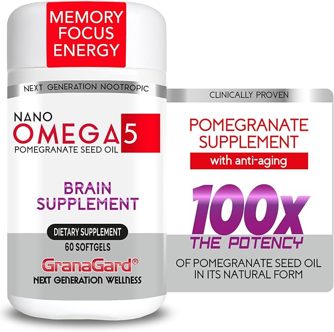 Nano Pomegranate Supplement CLINICALLY Proven Brain Supplement with Anti Aging Nanotech Delivers 100 Times The Power of Pomegranate Seed Oil in its Natural Form 1 Bottle 60ct