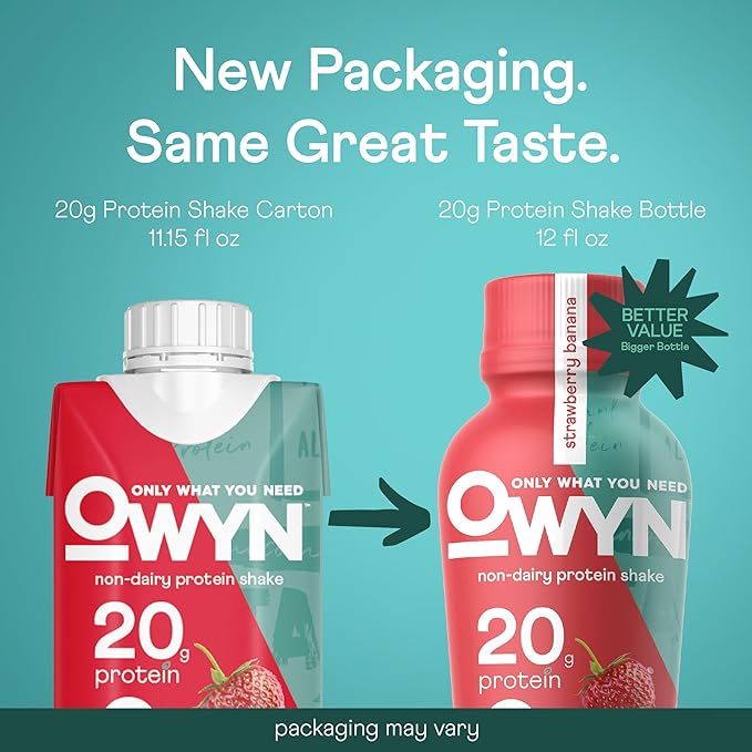 OWYN Only What You Need Strawberry Banana Flavored Protein Shake 20g Protein 4g Sugar 3g Fiber Dairy Free Plant Based Protein Drink 12 Count