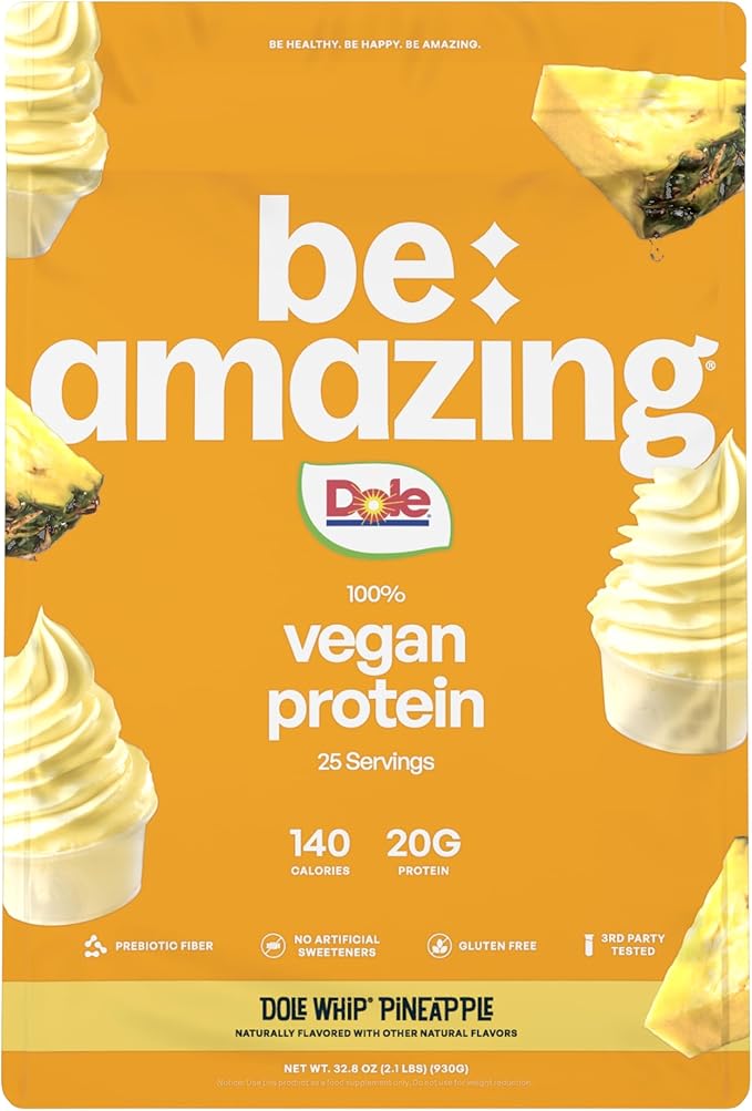 BE AMAZING Vegan Protein Powder Dole Whip Pineapple 20g Plant Based Protein with Prebiotic Fiber Low Carb Dairy and Gluten Free Shake Mix No Added Sugar 29.3 oz 25 Servings