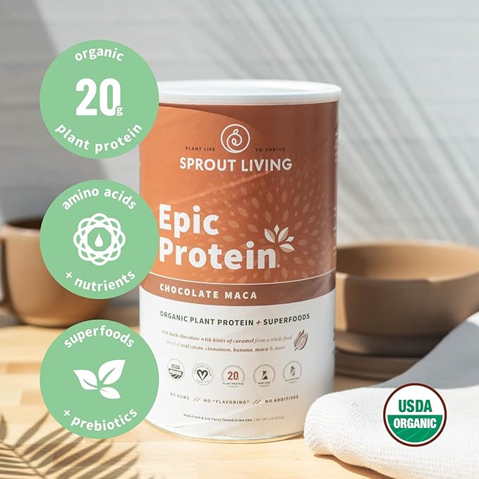 Sprout Living Epic Protein Bundle - Original Chocolate Maca &amp Vanilla Lucuma (20g Organic Plant-Based Protein Powder Vegan Superfoods) | 2lb 24 Servings