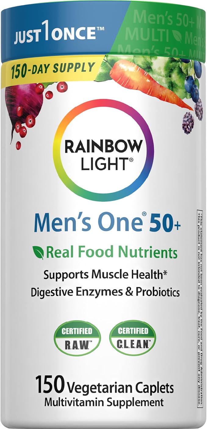 Rainbow Light Multivitamin for Men 50+ Vitamin C D &amp Zinc Probiotics Men's One 50+ Multivitamin Provides High Potency Immune Support Non-GMO Vegetarian 150 Tablets