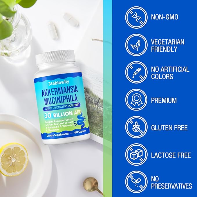 Akkermansia Probiotic Live Strain Probiotics for Women &amp Men Akkermansia Muciniphila for Gut Health Digestive Metabolic* Immune with Chromium Green Tea Leaf 60 Probiotic Capsule