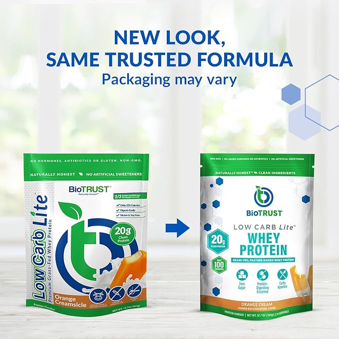 BioTrust Low Carb Lite 20 Grams of Grass-Fed Whey Protein Isolate 100 Calories ProHydrolase Digestive Enzymes Non-GMO Free from Soy and Gluten rBGH-Free (14 Servings) (Orange Cream)