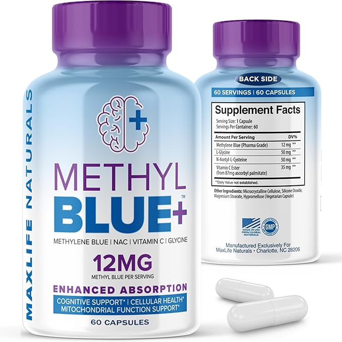 Pure Methylene Blue Capsules Ultimate Methylene Blue Supplement 12mg - 60 Capsules Pharmaceutical Grade with Vitamin C Ester &amp NAC Glycine Supports Cellular &amp Mitochondrial Function Made