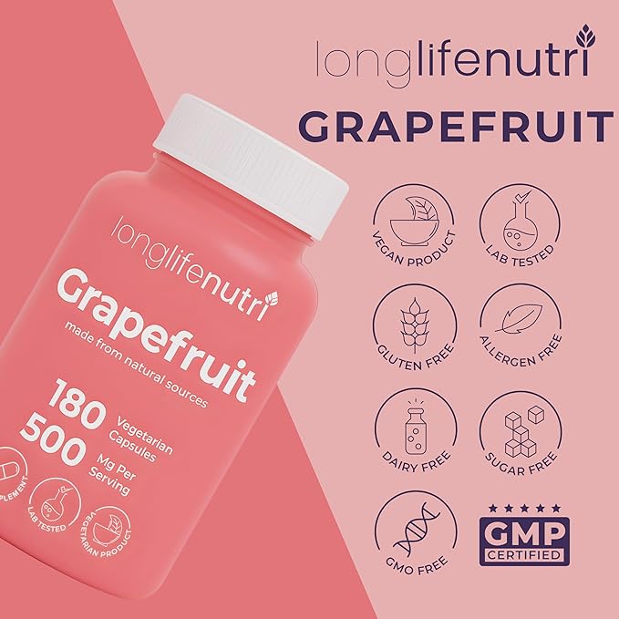 Grapefruit Seed Extract 500mg - Derived from Citrus Paradisis 180 Vegetarian Capsules Organic Naringin Supplement for Daily Energy &amp Balance 6-Month Supply GMP Certified Made in USA