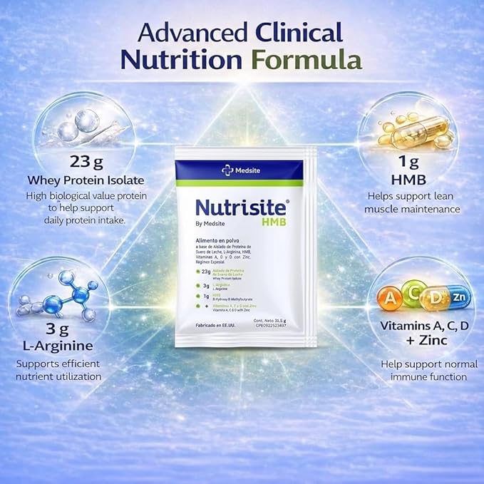 Nutrisite HMB Nutritional Protein Powder – 15 Sachets with Whey Isolate Amino Acids Vitamins A C D &amp Zinc for Immune and Muscle Support – Medical Nutrition Formula (1.11 Oz ea.)