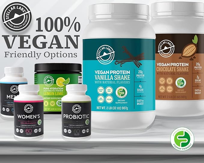 Stellar Labs Vegan Protein Powder with BCAA's &amp Antioxidants | Certified Low FODMAP Non GMO Gluten Free Soy Free Low Carb with Stevia | Lean Plant Based Protein Powder Shakes | Vanilla