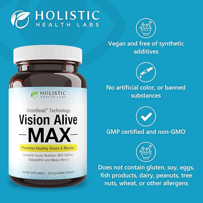 Holistic Health Labs Vision Alive Max with 8 Natural Ingredients Lutemax® 2020 Bilberries Blueberries c3g from Black Currant Maqui Berry Saffron and Astaxanthin (30 Count (Pack of 1))