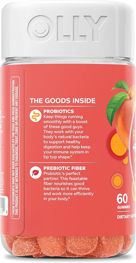 OLLY Probiotic + Prebiotic GummyDigestive Support and Gut Health500 Million CFUsFiberAdult Chewable Supplement for Men and WomenPeach60 Day Supply -60 Count (Pack of 2)