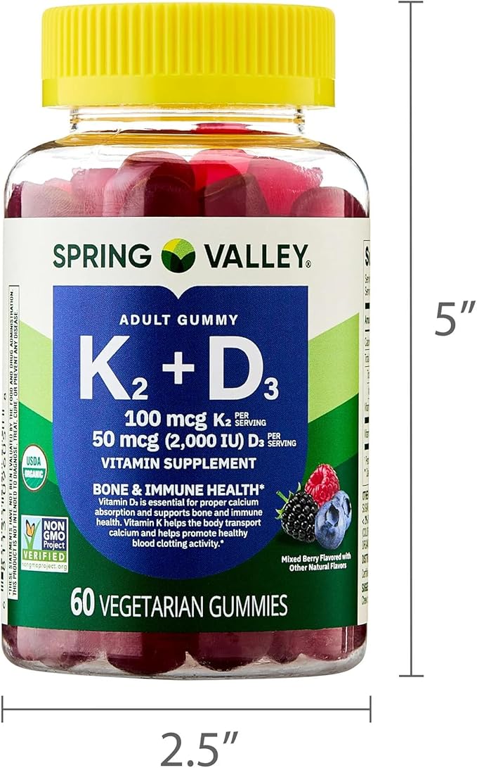 SUREFECT Spring Valley Vitamin K2 + D3 Gummies - 100mcg K2 &amp 2000IU D3 per Serving Bone &amp Immune Support Mixed Berry 60 Count Organizer