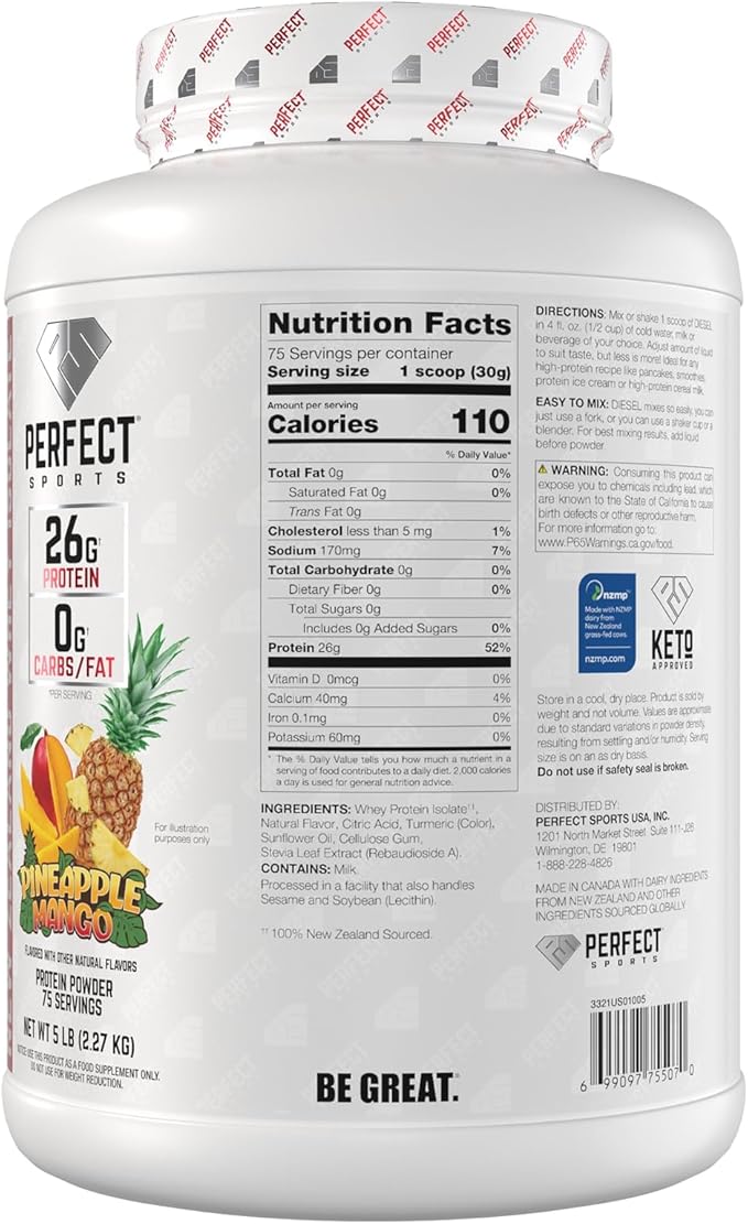 PERFECT SPORTS Diesel 100% New Zealand Whey Protein Isolate | Stevia Sweetened No Artificial Ingredients Keto | 0g Carb 0g Fat 27g Protein | 5 Pounds (Pineapple Mango)
