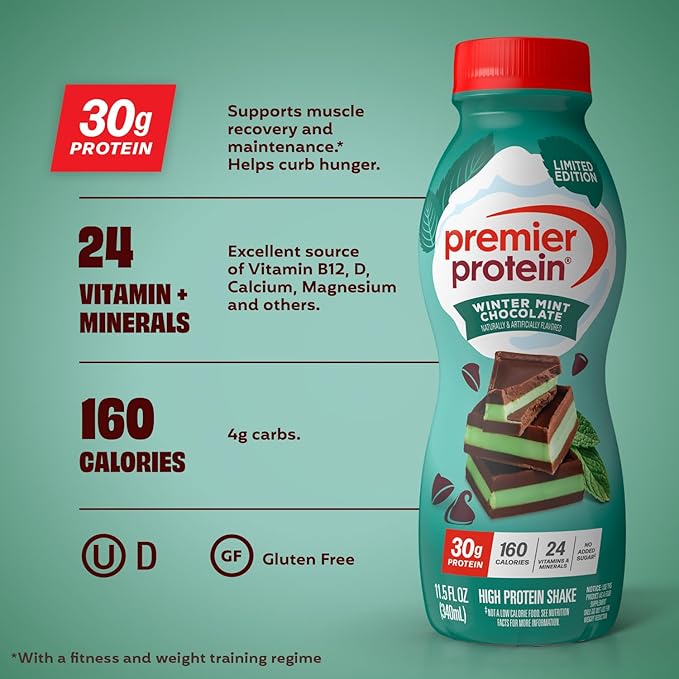 Premier Protein Shake LIMITED EDITION Winter Mint Chocolate 30g Protein No Added Sugar 24 Vitamins &amp Minerals to Support Immune Health 11 fl oz 12 Pack