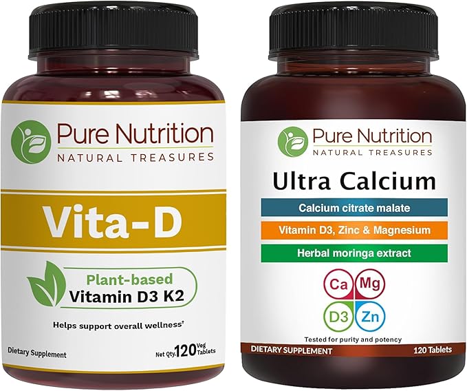Pure Nutrition Vitamin D3 K2 + Ultra Calcium | Plant-Based D3 from Lichen | 120 Tablets Each