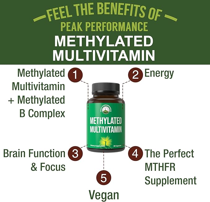 Peak Performance Methylated Multivitamin B Complex Supplement - Trimethylglycine (TMG) L Methylfolate Methyl B12 + B1 + B2 + B6 Vitamins + Choline - MTHFR Vegan Capsules Supplement for Women &amp M