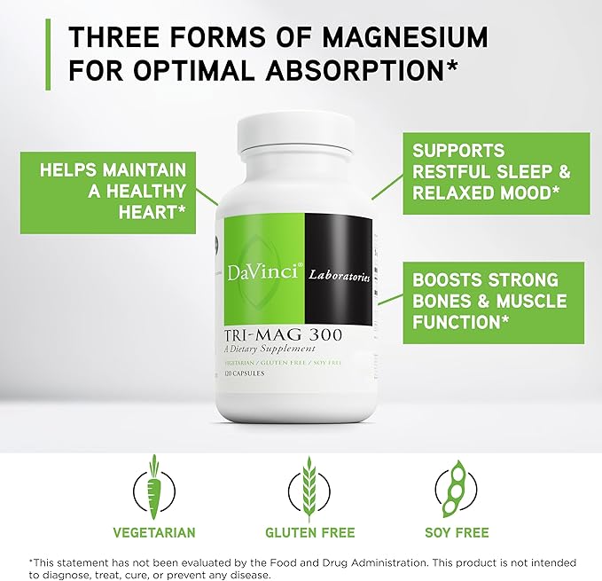 DAVINCI Tri-Mag 300 - Triple Complex with Magnesium Glycinate Taurinate &amp Malate - Calm Magnesium Supplement for Sleep - Nerve Support Formula - 120 Capsules (30 Servings)