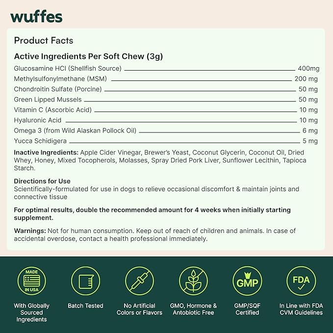 Wuffes Advanced Dog Hip and Joint Supplement with Glucosamine Chondroitin Omega 3 MSM and Green Lipped Mussel 60 Pork Flavored Chews for Small and Medium Dog Breeds