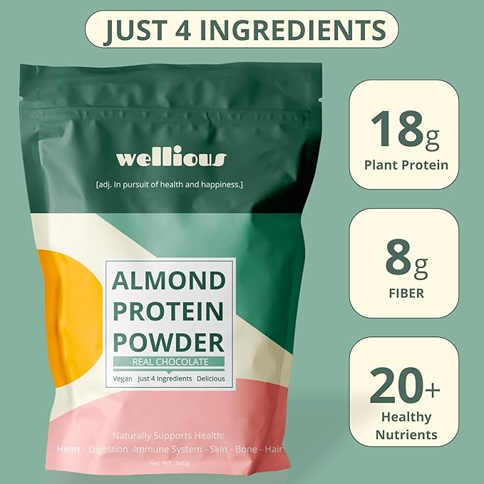 wellious Almond Protein Powder Bundle (1 Vanilla &amp 1 Chocolate) - 18 Grams of Pure Healthiest Vegan Protein - Perfect Gluten-Free Soy-Free Gut Friendly Protein Powder for Sports Nutrition