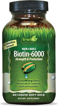 Irwin Naturals Biotin-6000 - Supports Strength &amp Protection for Hair &amp Nails with Avocado Oil Coconut Oil Lutein &amp Zeaxanthin - 60 Liquid Softgels