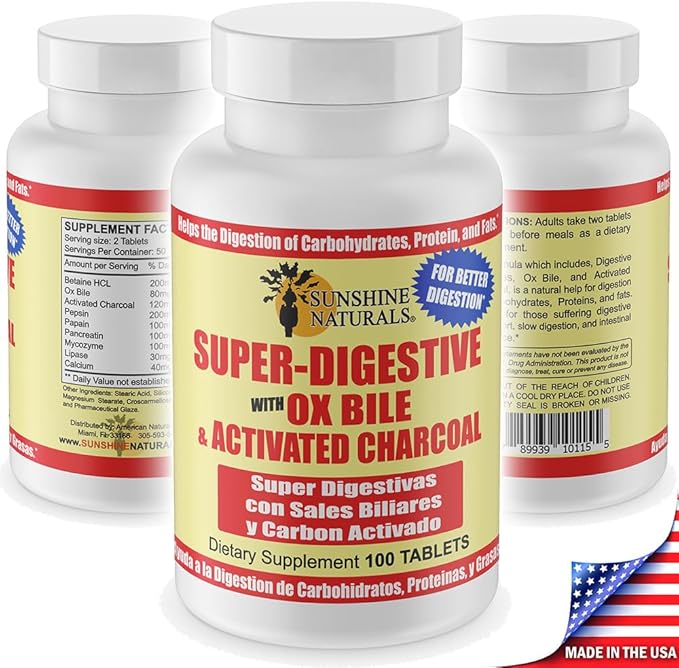 Sunshine Naturals Super Digestive Supplement. Ox Bile &amp Activated Charcoal for Digestive Support Bloating Relief Gut Cleanse Nutrient Absorption and Overall Wellness. 100 Tablets. Pack of 2
