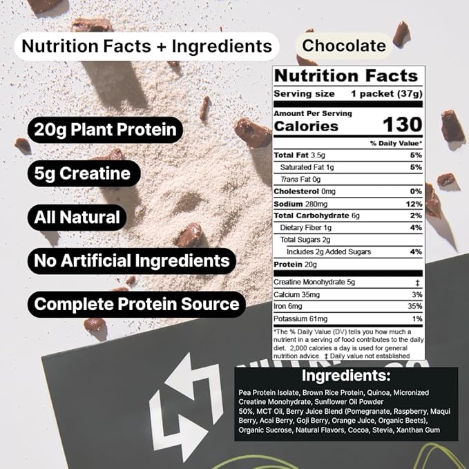 Nutrition On The Go Vegan Protein Powder Packets with Creatine – 20g Plant Proteins + 5g Creatine – Single-Serve Travel Protein Powder – All-Natural Gluten-Free – Chocolate – (60-Pack)
