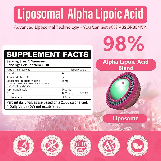 2 Pack Liposomal Alpha Lipoic Acid Gummies 2000mg GummiesHigh Potency ALA Complex Biotin &amp Benfotiamine for Antioxidant Brain Health and Nerve* SupportLiposomal Enhance 98% Absorption