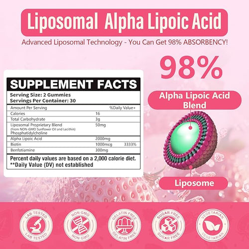 2 Pack Liposomal Alpha Lipoic Acid Gummies 2000mg GummiesHigh Potency ALA Complex Biotin &amp Benfotiamine for Antioxidant Brain Health and Nerve* SupportLiposomal Enhance 98% Absorption