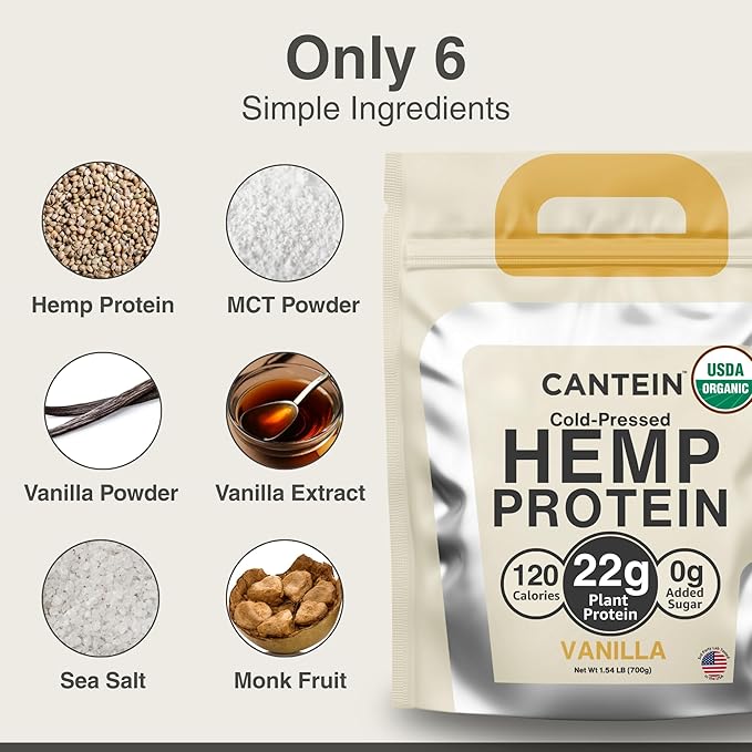 Organic Plant-Based Protein Powder - 100% Hemp Protein Vegan Shake Mix - Lactose Dairy &amp Gluten Free Clean Natural Vanilla (20 Servings)