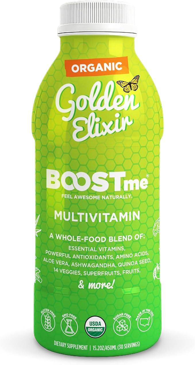 BoostMe Golden Elixir Liquid Multivitamin - Daily Vitamins Superfood with Antioxidant Blend &amp Balanced Wellness Formula Liquid - Plant-Based Immune Support Supplement for Everyday Balance &amp He