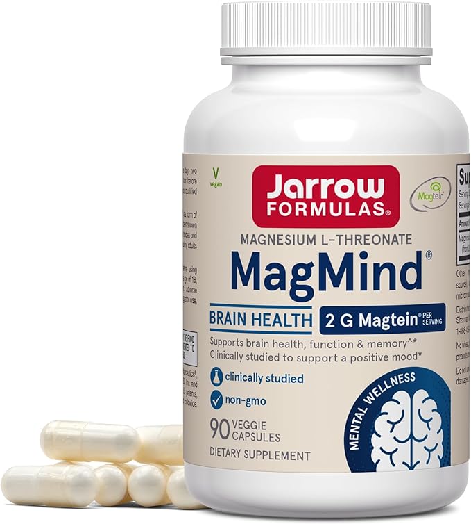 Jarrow Formulas Magnesium L-Threonate MagMind Magtein Magnesium Supplement Brain Supplements for Memory Support 90 Veggie Capsules Up to a 30 Day Supply