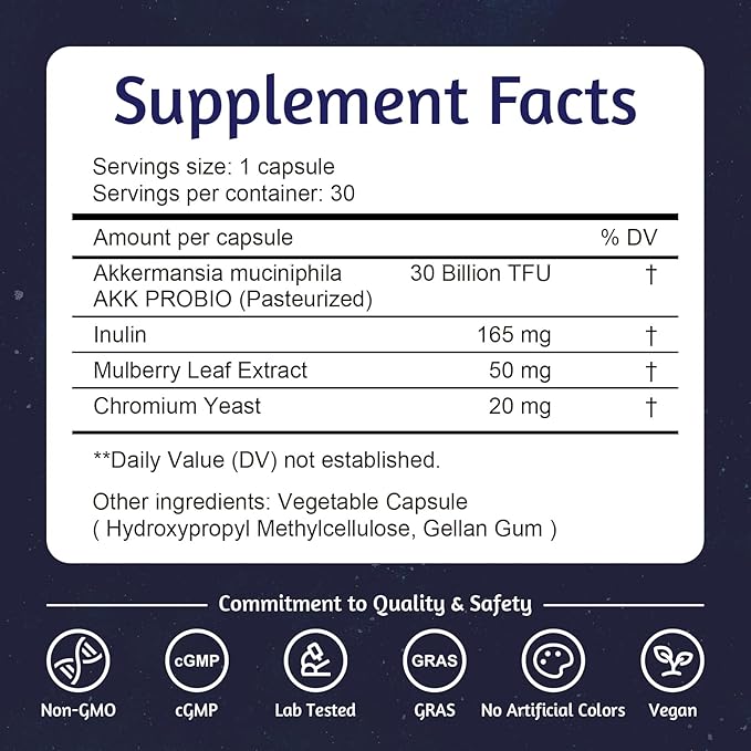Akkermansia muciniphila 300 B TFU + Mulberry‑Leaf DNJ Extract + Chromium‑Enriched Yeast + Inulin Prebiotic – Vegan High‑Temp‑Stable Synbiotic for Health (30 Capsules)