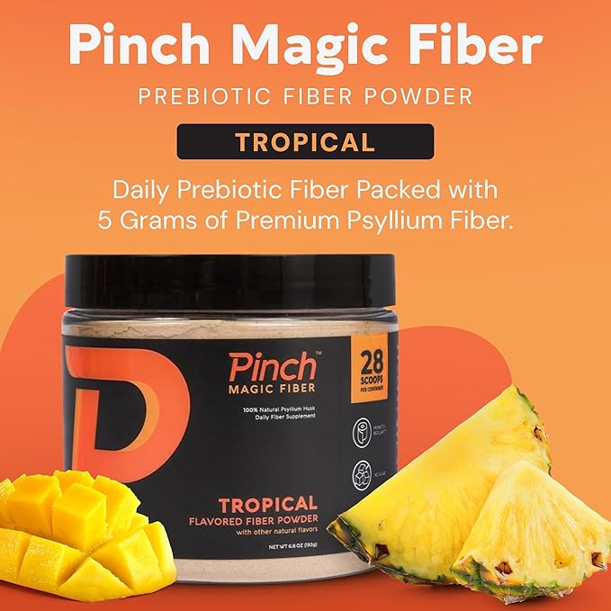 Pinch Magic Fiber | Prebiotic Supplement for Digestive Health | Psyllium Husk Powder | Keto Vegan Sugar-Free | Tropical &amp Lemon Ginger Flavors | USA-Made | 28-Day Supply for All