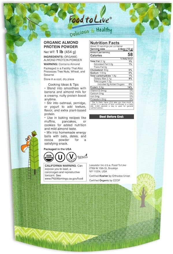 Food to Live Organic Almond Protein Powder 1 Pound – Single Ingredient Non-GMO No Added Sugar Vegan Kosher Bulk
