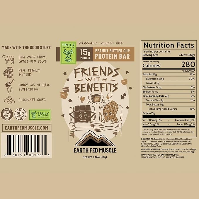 Earth Fed Muscle Friends with Benefits Chocolate Peanut Butter Grass Fed Whey Protein Bars | 15g Protein Snack | Gluten Free Non-GMO All-Natural Peanut Butter Energy | 2.12 oz Bars (10 Count)