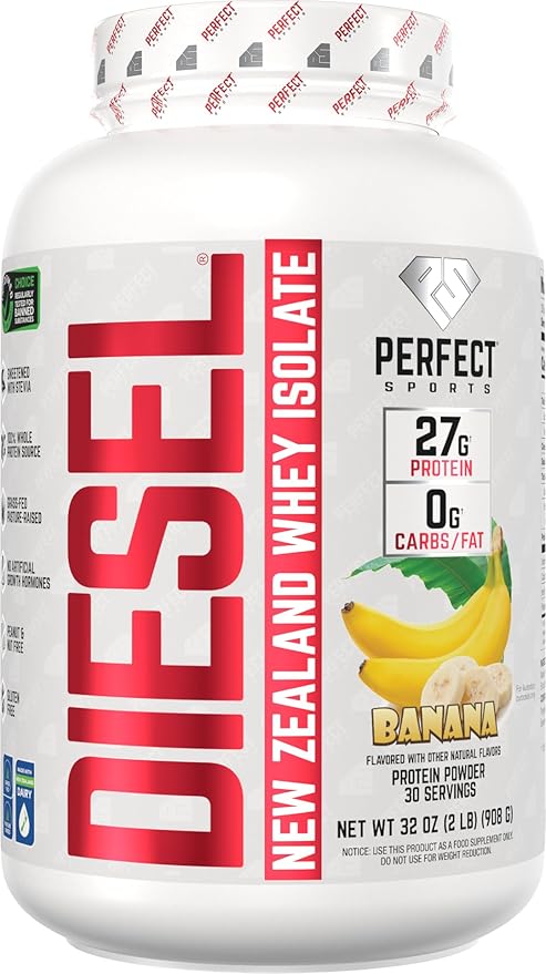 PERFECT SPORTS Diesel 100% New Zealand Whey Protein Isolate | Stevia Sweetened No Artificial Ingredients Keto | 0g Carb 0g Fat 26g Protein | 2 Pounds (Banana)
