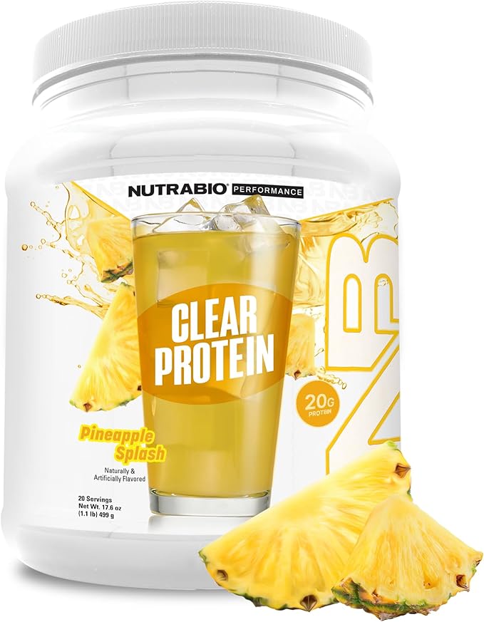 NutraBio Clear Protein Powder Pineapple Splash - 20 Servings 20g Clear Whey Protein Isolate 0 Sugar 0g Lactose Refreshing Fruit Flavors GLP1 Support - Bone Health - Muscle Post Workout Recovery