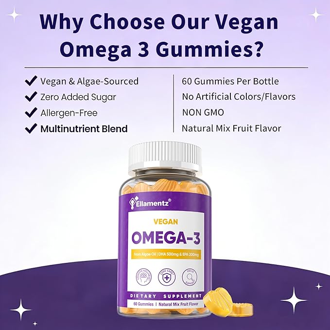 Vegan Omega-3 Gummies 900mg from Algae Oil - Fish Oil Alternative with DHA 500mg &amp EPA 200mg Vitamin B12 Folate &amp PS - Supports Brain Immune &amp Eye Health - Sugar-Free 120 Count