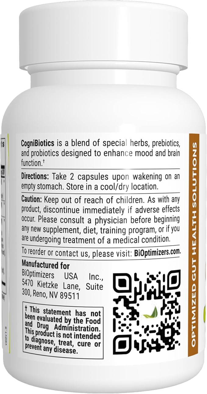 BIOptimizers Cognibiotics Probiotic Brain Supplement - Helps Support Mood Better Focus Memory Mental Clarity - 60 Capsules