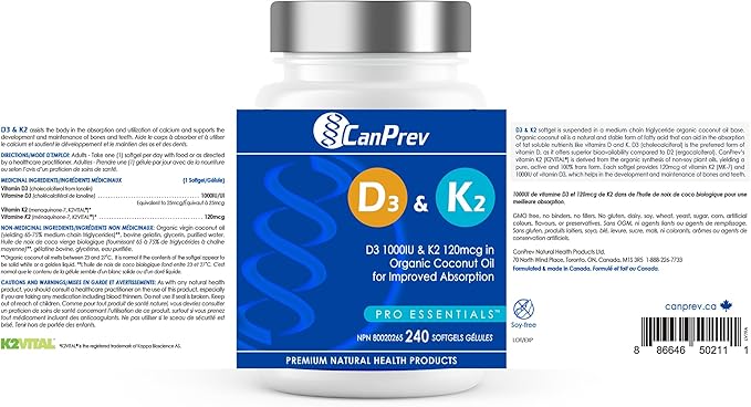 CanPrev D3 &amp K2 Vitamins 240 Softgels 240-Day Supply 1000IU Vitamin D3 &amp 120mcg K2 Supports Strong Bones Teeth &amp Heart Wellness Easy-to-Absorb with Organic Coconut Oil No GMO Gluten