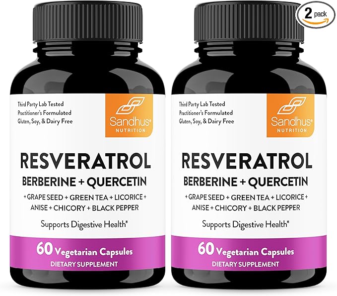 Resveratrol with Berberine Supplement For Gut Health Support | 120 Digestive Capsules For Women &amp Men | With Green Tea Extract Star Anise DGL Grape Seed Quercetin | Helps Ease Bloating &amp D