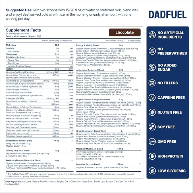 DADFUEL All-in-One Meal Replacement Shake for Men | 25g Whey Protein Isolate + 70+ Superfoods &amp Nutrients | Non-GMO Gluten-Free No Added Sugar | Smooth Taste Easy Mix | 15 Servings