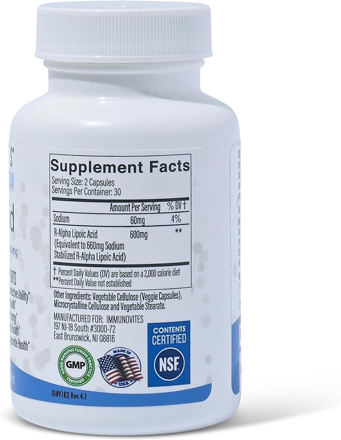 IMMUNOVITES Stabilized R-Alpha Lipoic Acid ((True)) 600mg per Serving [[High Potency &amp up to 40x Increased Absorption]] (Na R-ALA) (Na R-LA) (Na R-Lipoate) (1 Bottle)