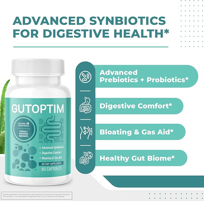 GutOptim Probiotic &amp Prebiotic Capsules | Pre and Probiotics for Synbiotic Gut Health &amp Bloating Relief for Women &amp Men | Enzyme with Probiotics for Digestive Health | Non-GMO 60 Ct 3 Mo