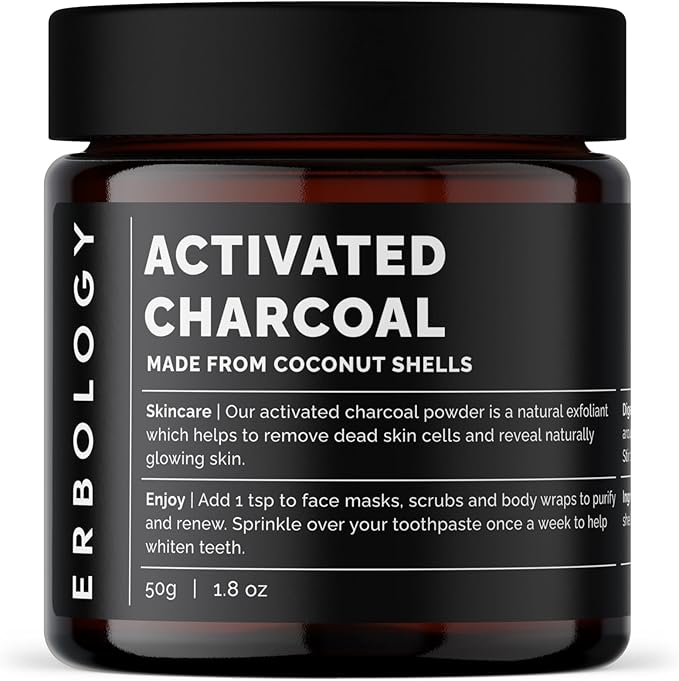 Erbology Activated Charcoal Powder 1.8 oz - Teeth Whitening - Add to Face Masks Toothpaste and Body Wraps for Natural Exfoliation - Natural Digestive Aid - Vegan - Recyclable Glass Jar