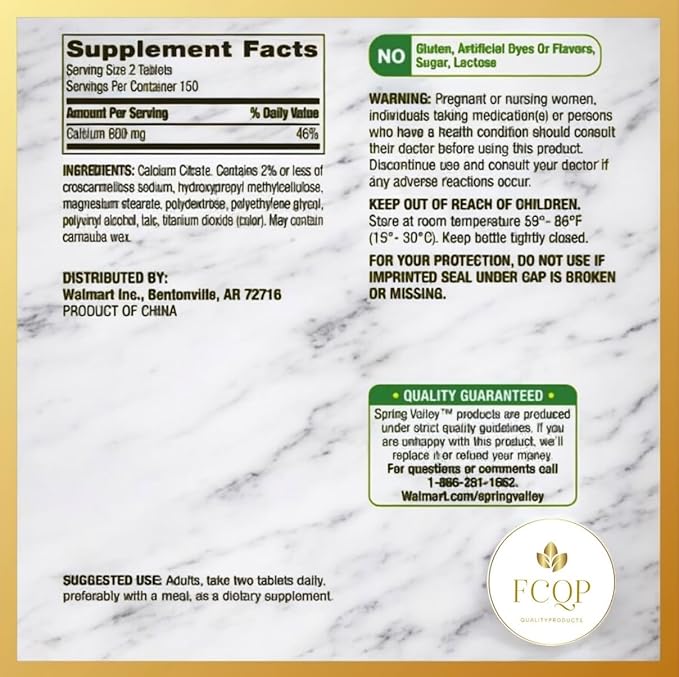 Spring Valley - Calcium Citrate Bone Health Supplement 600mg 300 Count Pill Pouch + Sticker at no Cost